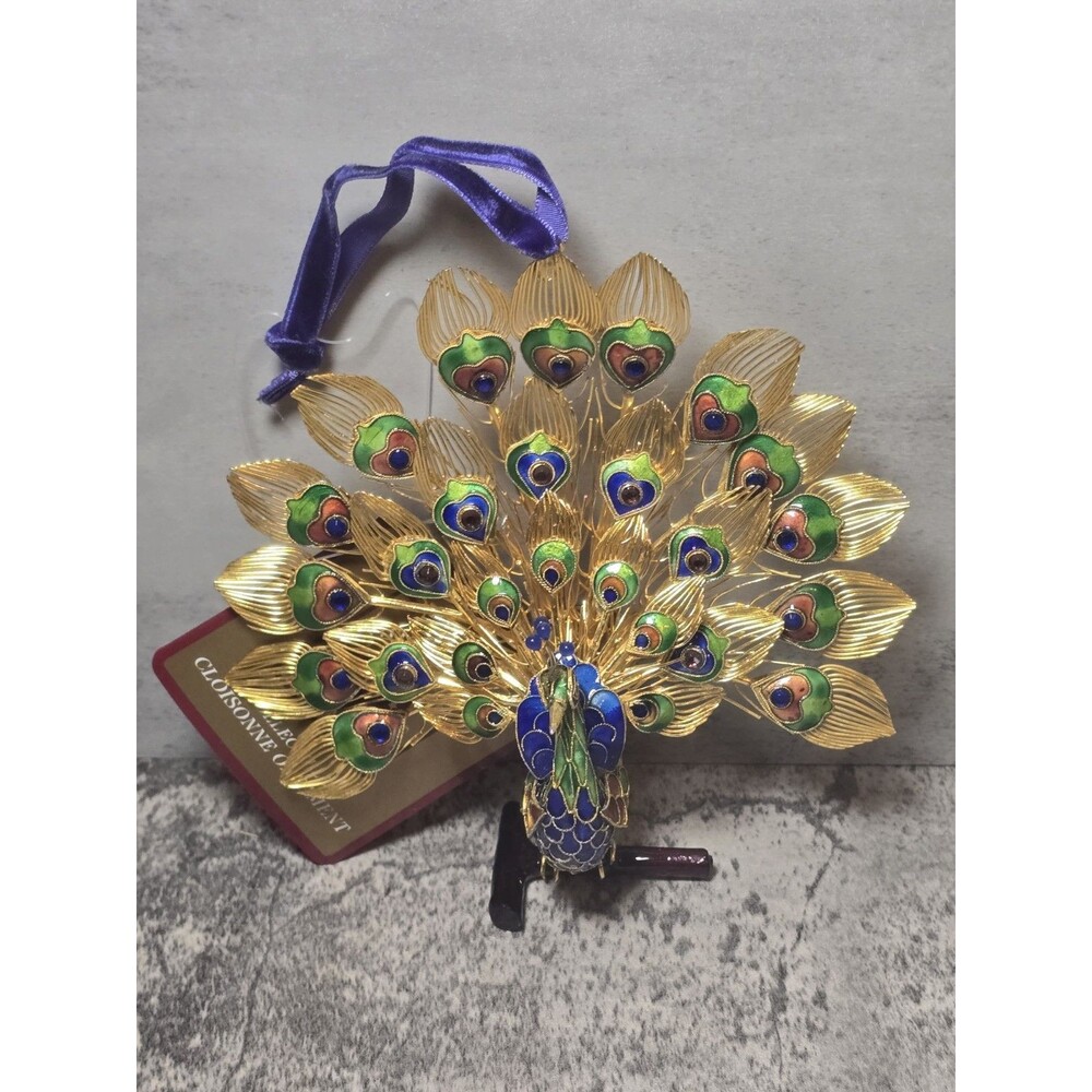 DILLARD'S "TRIMMINGS" COLLECTIBLE CLOISONNE PEACOCK Christmas ORNAMENT